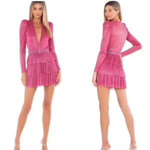 Sabina Musayev x Revolve Carry Mini Dress Tiered Hot Pink Metallic Medium